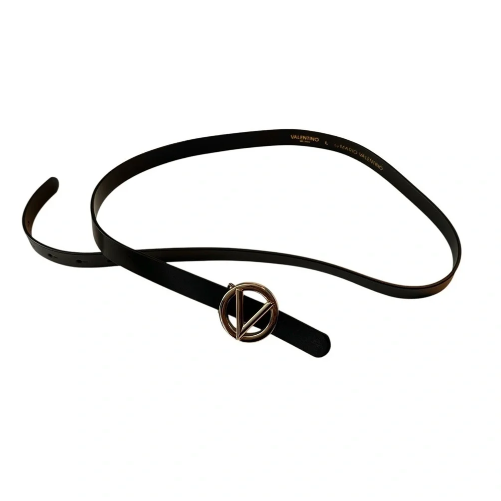 Mario Valentino Black Leather Baby Belt with Gold Tone Buckle Large
